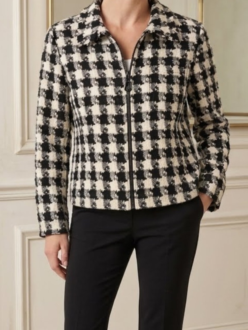 CHICO’S Vintage Tweed Houndstooth Jacket Y2K Full Zip Size 8